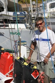 Andy tying down the 100ltrs of spare diesel carried on deck
